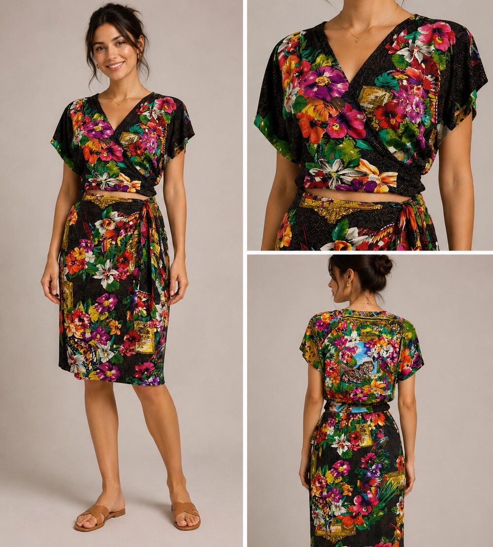 Vintage Carole Little 2 Pc Skirt Set Women's Sz 2 Floral Rayon Wrap Top Boho